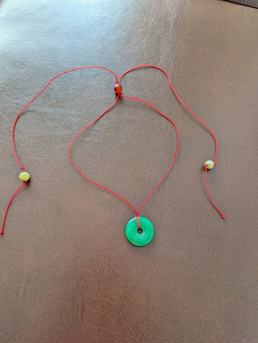 Red Cord Necklace with Green Genuine Jade Donut Pendant